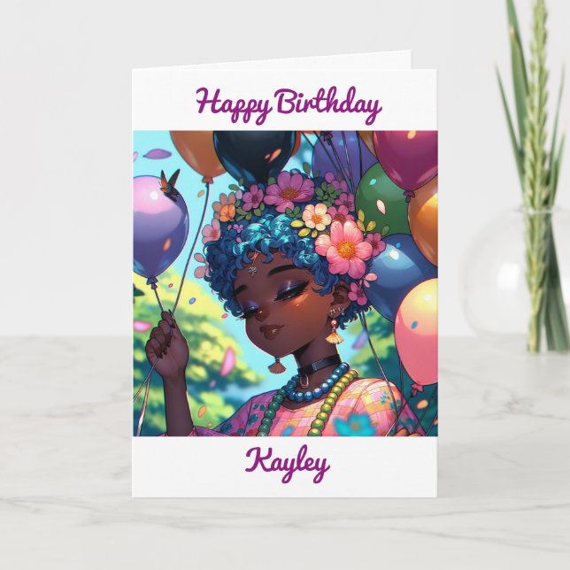 Carte Jolie fille d'Anime Noir avec ballons d'anniversai (Devant)
