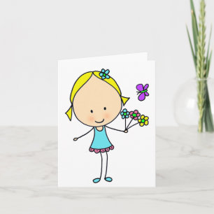 Carte Jolie Fille de Dessin Animé avec Fleurs Usage Géné