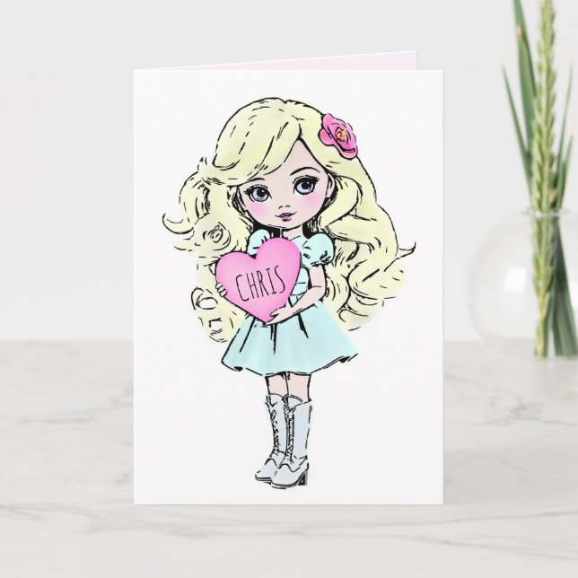 Carte Jolie Fille de la Saint-Valentin Tenant un Cœur  (Devant)