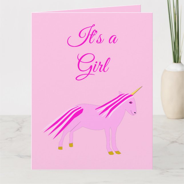 Carte Jolie fille rose bébé Unicorn Genre Révélation (Devant)