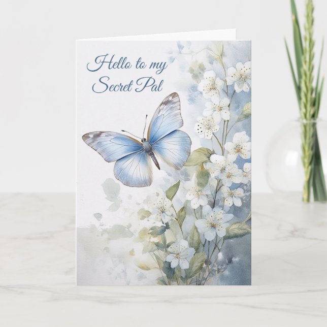 Carte Jolie Fleurs blanches et Papillon bleu Secret Pal (Devant)