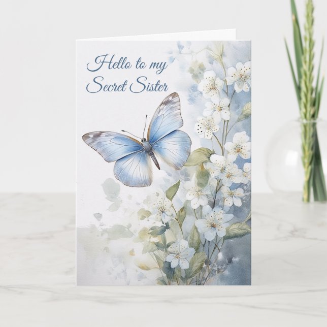 Carte Jolie Fleurs Blanches, Papillon Bleu Secret Soeur (Devant)