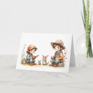 Carte Jolie garçon et fille Lecture Livre Rabbits Fleurs