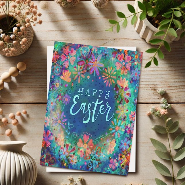 Carte Jolie Inspiration Florale Bleue Joyeuses Pâques  (Créateur téléchargé)