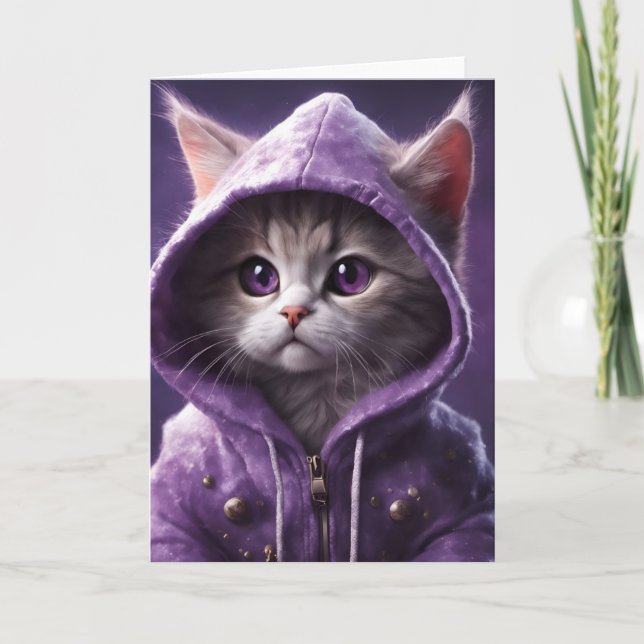 Carte Jolie Kitty dans un Sweat - shirt à capuche violet (Devant)