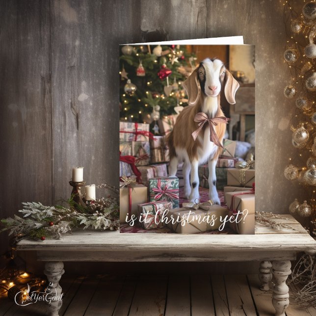 Carte Jolie petite chèvre - Est-ce Noël pourtant (Just like any kid, this little goat can't hardly wait for Santa - is it Christmas yet?  #zazzlemade)