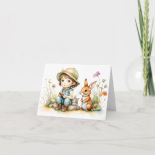 Carte Jolie petite fille avec lapins et fleurs Blank