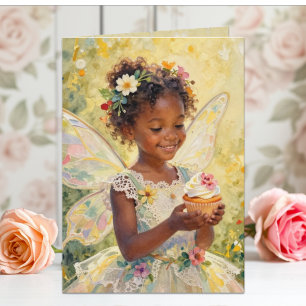 Carte Jolie Petite Fille Fée avec Gâteau d'Anniversaire