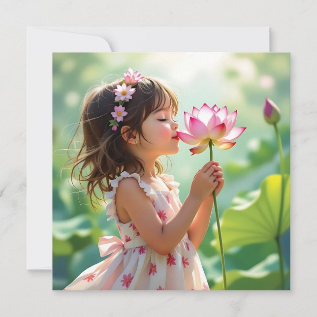 Carte Jolie petite fille qui sent une rose rose rose (Devant)