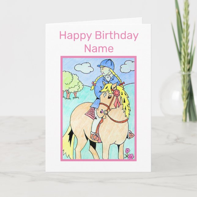 Carte Jolie Petite Fille Riding Pony Cartoon Anniversair (Devant)