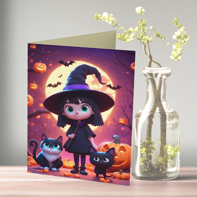 Carte Jolie petite sorcière avec des chats et des citrou (Créateur téléchargé)