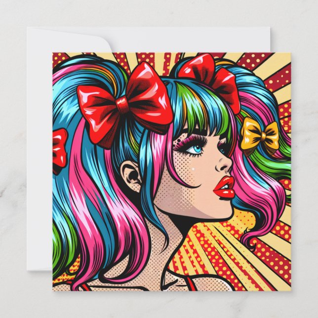 Carte Jolie Pop Art Comic Girl with Bows (Devant)