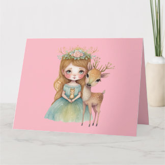 Carte Jolie Princesse et Faon Nouveau-né Cerf Bienvenue