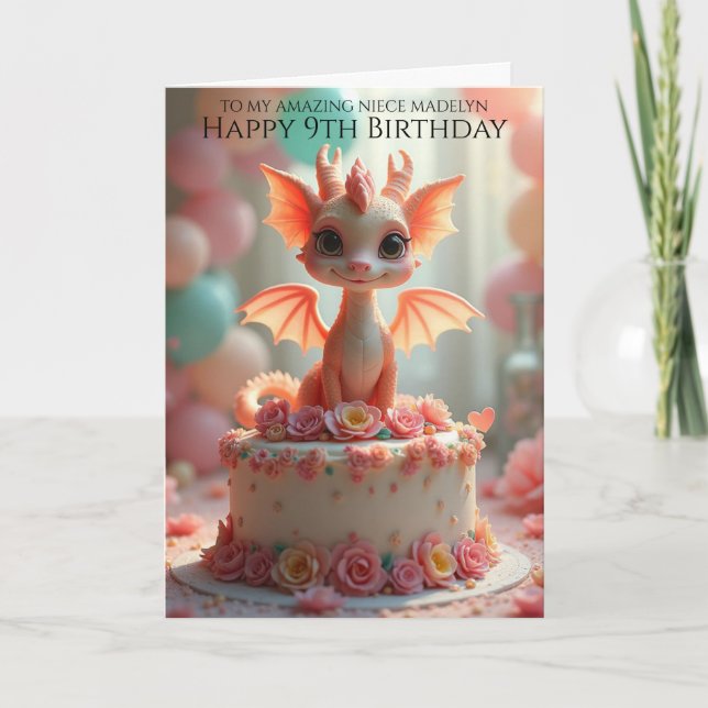 Carte Jolie rose Dragon Nièce 9e anniversaire Salutation (Devant)