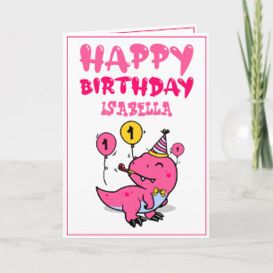 Carte Jolie rose T-Rex Dino Petite-fille 1er anniversair