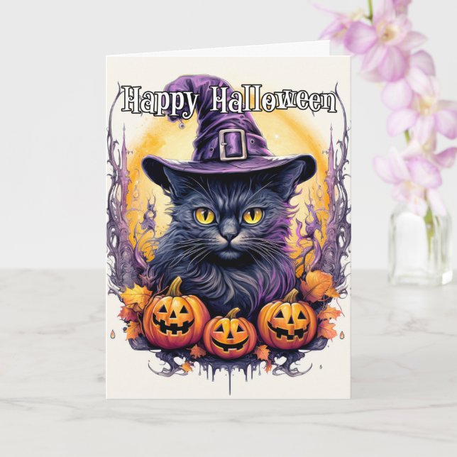 Carte Jolie Sorcière de chat Little Kitty | Halloween (Orchidée)