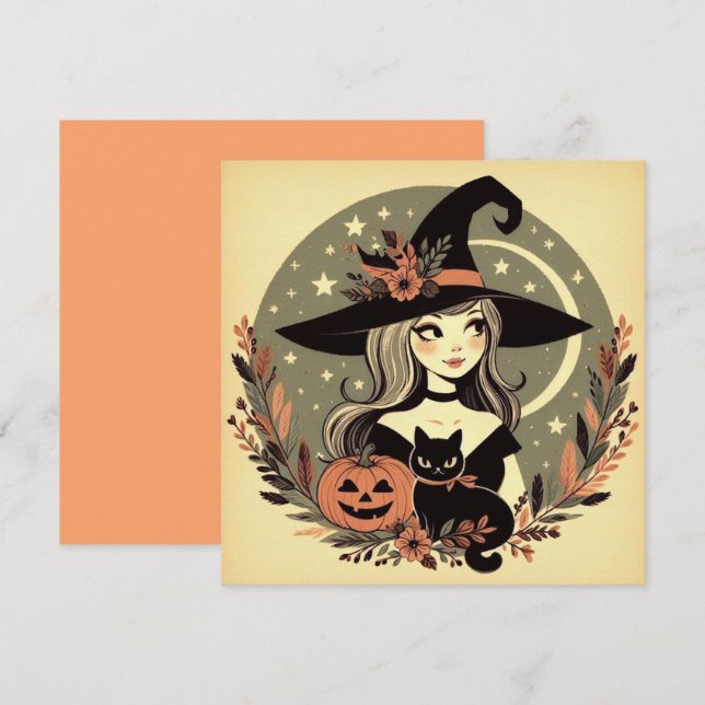 Carte Jolie sorcière d'Halloween avec chat noir et Citro (Devant / Derrière)