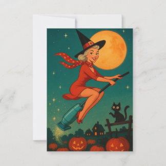 Carte Jolie sorcière d'Halloween vintage sur un balai