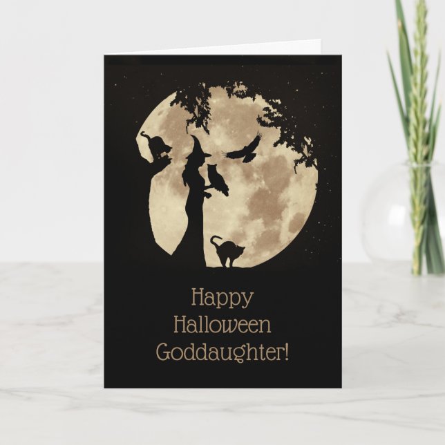 Carte Jolie sorcière et animaux Halloween pour Godgirl (Devant)