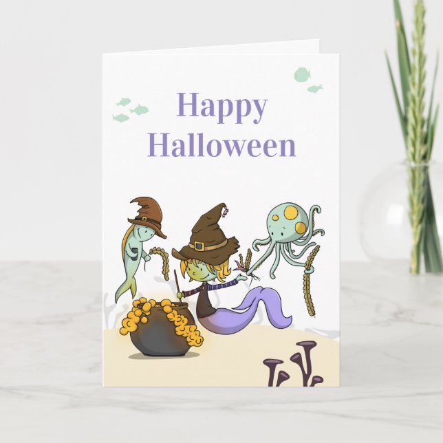 Carte Jolie sorcière sirène de Halloween heureux (Devant)