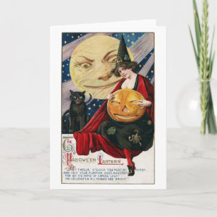 Carte Jolie sorcière vintage de Halloween, lune et chat