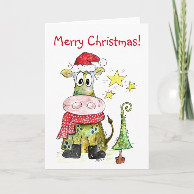 Carte Jolie vache de Noël fantaisiste (Devant)