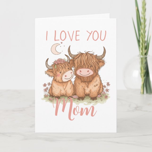 Carte Jolie vache des Highlands et maman je t'aime fête  (Devant)