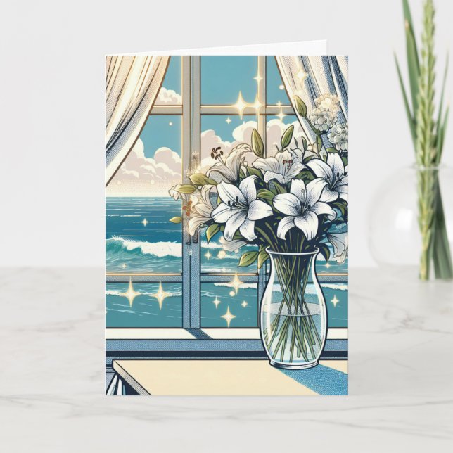 Carte Jolie vue sur l'océan et Vase des fleurs Anniversa (Devant)