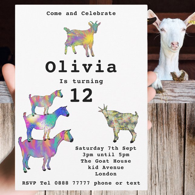 Carte Jolies chèvres Filles Anniversaire Fête Coloré (Cute goats colorful farm animal art 12th birthday party invitation)