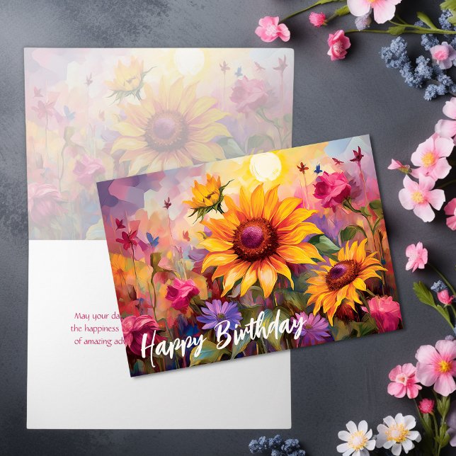 Carte Jolies tournesols aux fleurs colorées Anniversaire (Pretty Sunflowers with Colorful Flowers Birthday Card)