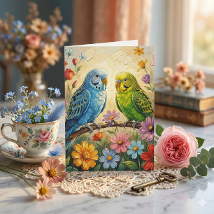 Carte Jolis Perruches Impasto Joyeux Anniversaire