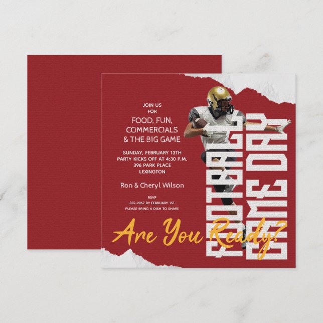 Carte Joueur de football Big Game Day Red Party Invitati (Devant / Derrière)