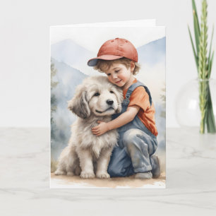Carte Jour d'anniversaire Garçon serrant le chien dans l