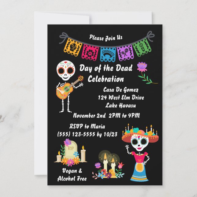 Carte Jour de la mort crâne de sucre Skeletons Invitatio (Devant)