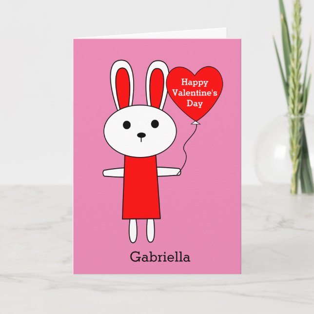 Carte Jour de la Saint Valentin lapin rose et rouge (Devant)