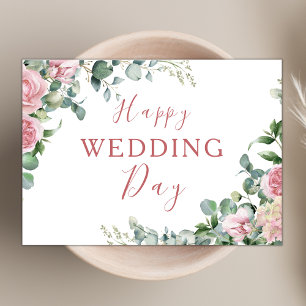Carte Jour de mariage rose pâle et fleuri Eucalyptus