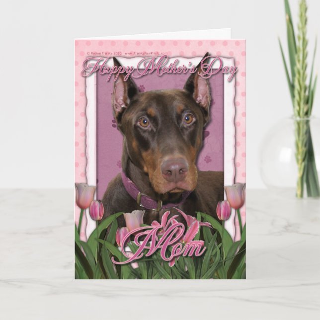 Carte Jour de mères - tulipes roses - dobermann - rouge (Devant)