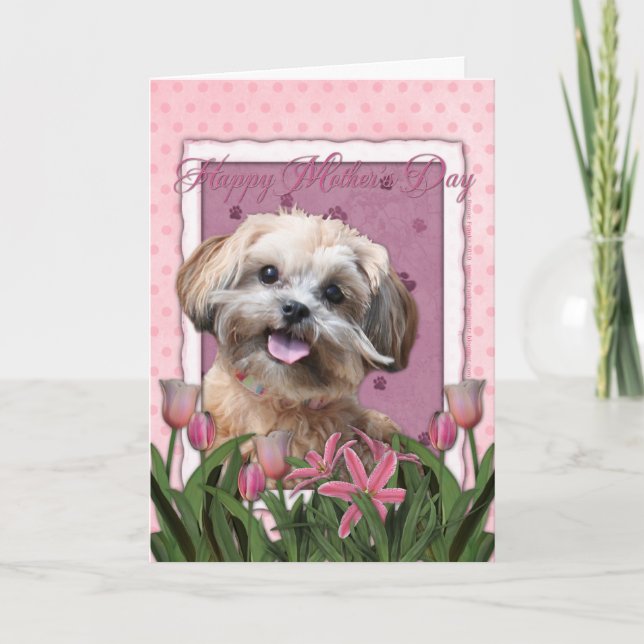 Carte Jour de mères - tulipes roses - ShihPoo - Maggie (Devant)
