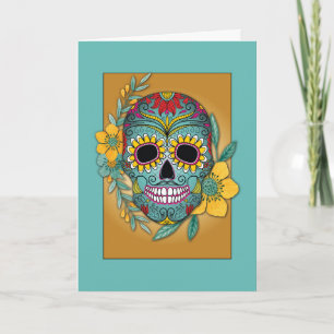 Carte Jour des morts Turquoise et Marigold crâne et fleu