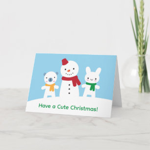 Carte Journée enneigée kawaii avec Noël de lapin et d'ou