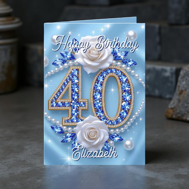 Carte Joyaux et perles bleus élégants 40e anniversaire (Créateur téléchargé)