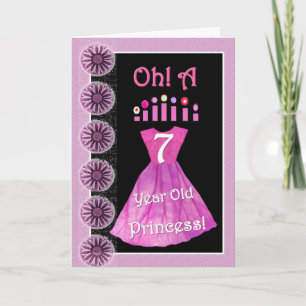 Carte Joyeuse 7ème anniversaire Princesse - Robe Rose & 