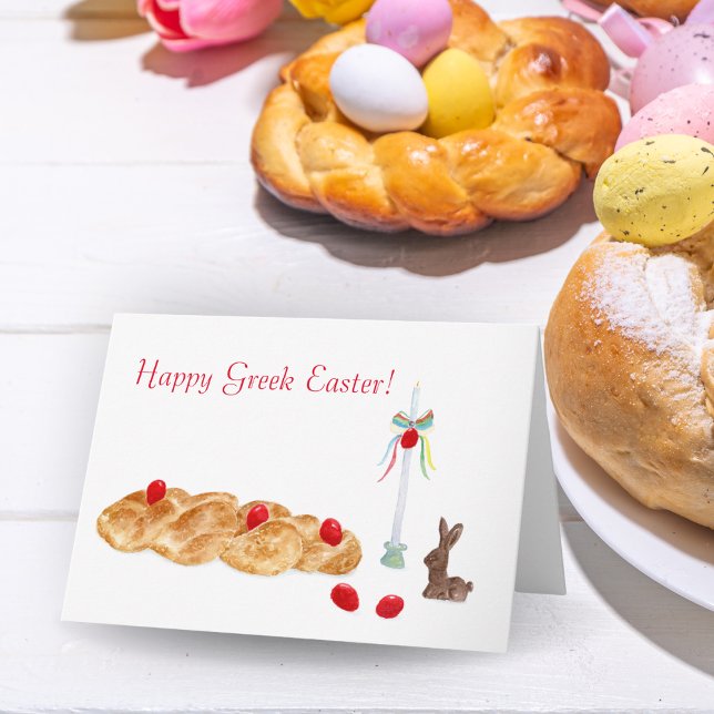 Carte Joyeuse Aquarelle Grecque De Pâques Avec Pain & Bo (Créateur téléchargé)