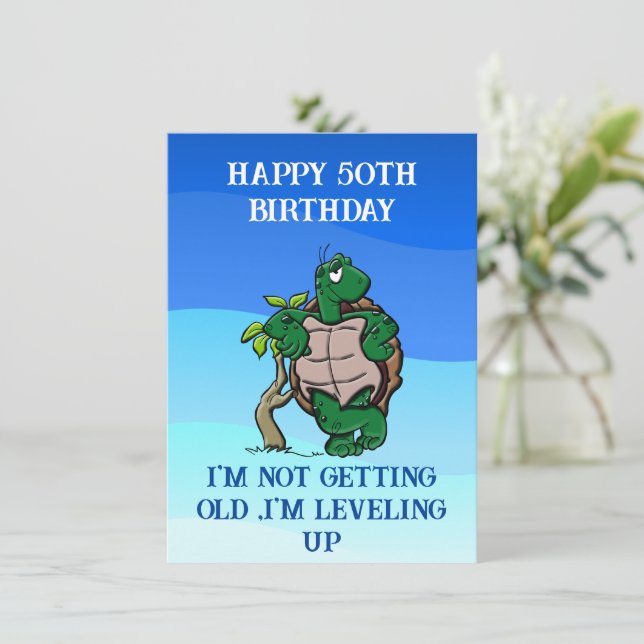 Carte Joyeuse citation drôle de 50e anniversaire, tortue (Debout devant)