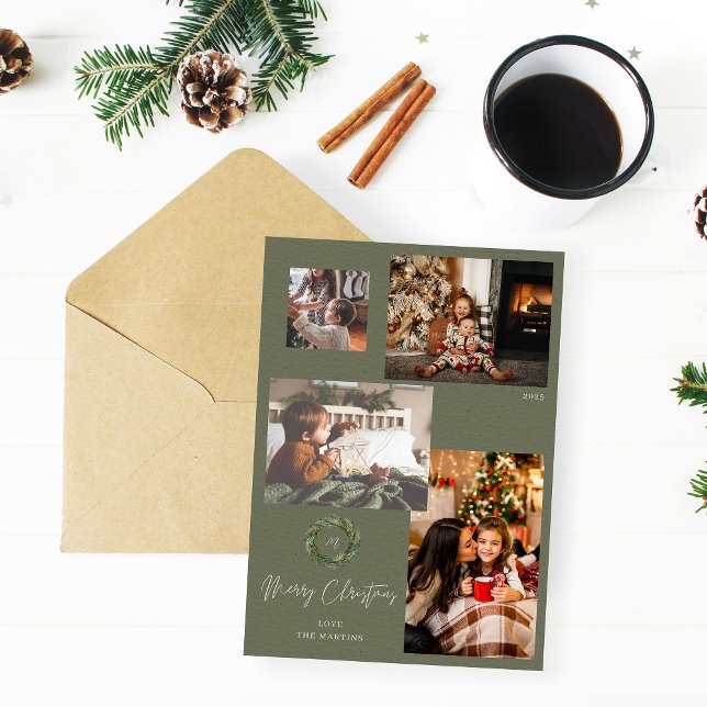 Carte Joyeuse couronne de Noël initiale sur vert 4 Photo (Créateur téléchargé)