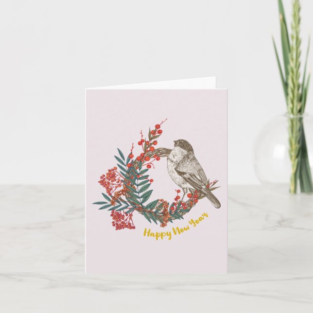 Carte Joyeuse couronne d'oiseaux du Nouvel An (Devant)