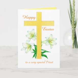 Carte Joyeuse Croix du prêtre de Pâques Fleurs Lys Blanc