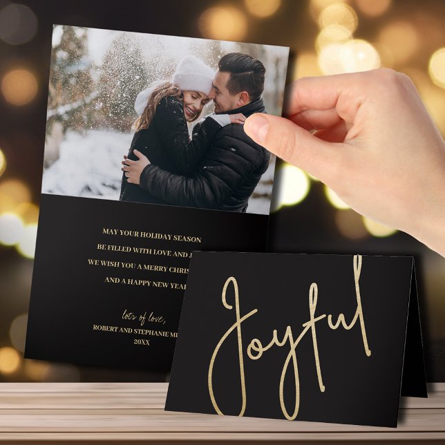 Carte Joyeuse en or sur noir plié photo de Noël (Créateur téléchargé)