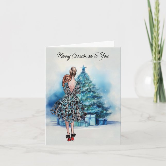 Carte Joyeuse femme de Noël et arbre de Noël bleu (Devant)