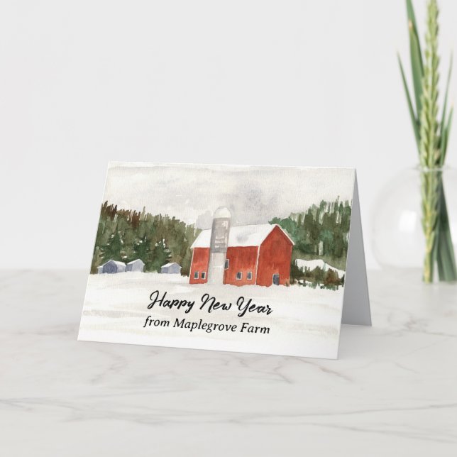 Carte Joyeuse ferme du Nouvel An personnalisé Grange rou (Devant)
